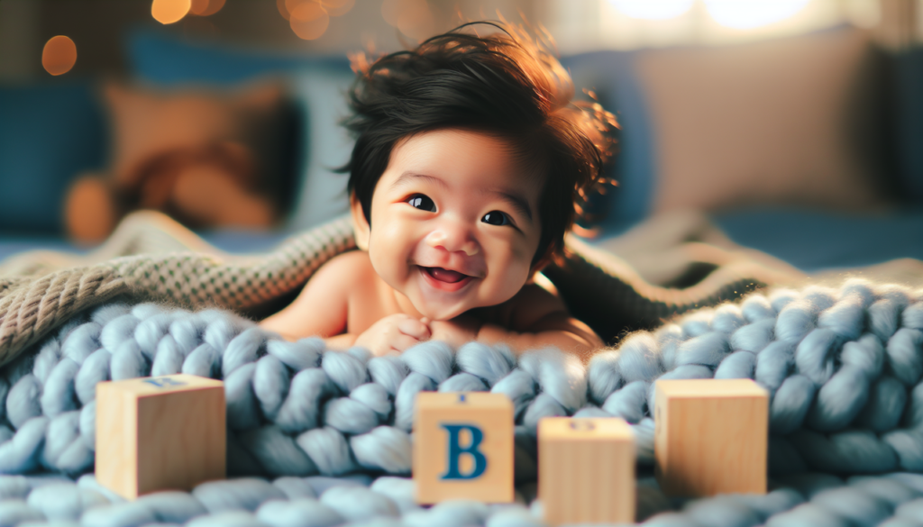 Prénom de garçon en B, bébé heureux sur couverture bleue avec bloc lettre B en bois.