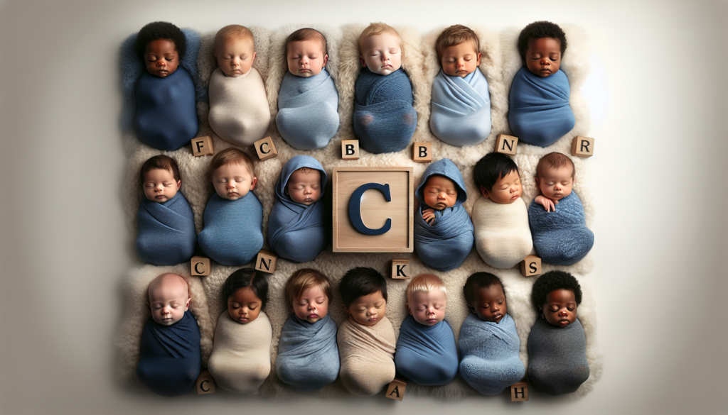 Prénom C: groupe nouveau-nés avec lettre 'C' en bois, couverture bleue, expression douce.