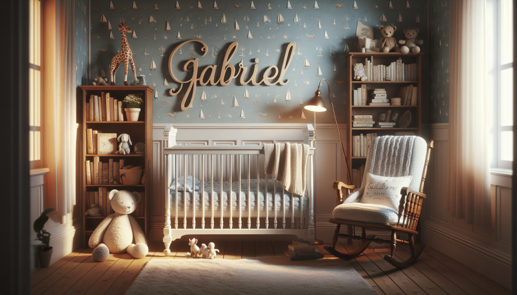 Prénom de garçon en G dans une nursery vintage avec lettres en bois "Gabriel", décoration enfantine.