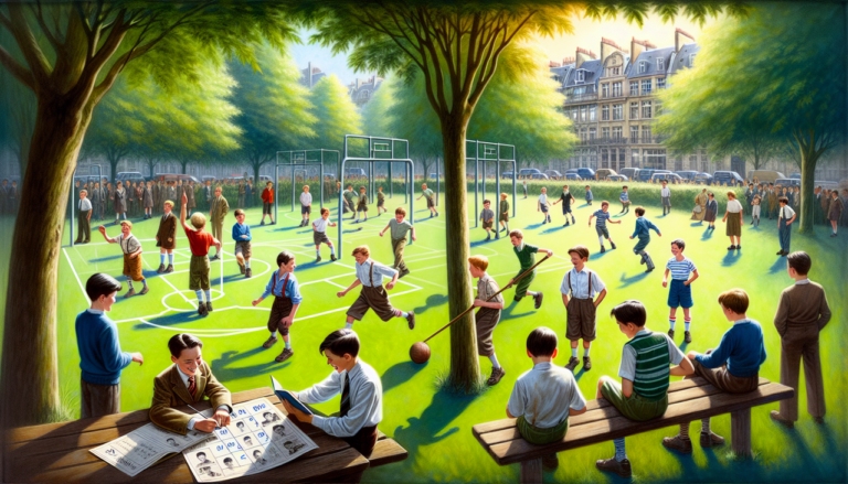 Prénoms garçons H : Hugo, Henri, Hervé, ambiance parc ensoleillé, diverses activités, émotions variées, arrière-plan flou vert et équipements sportifs.