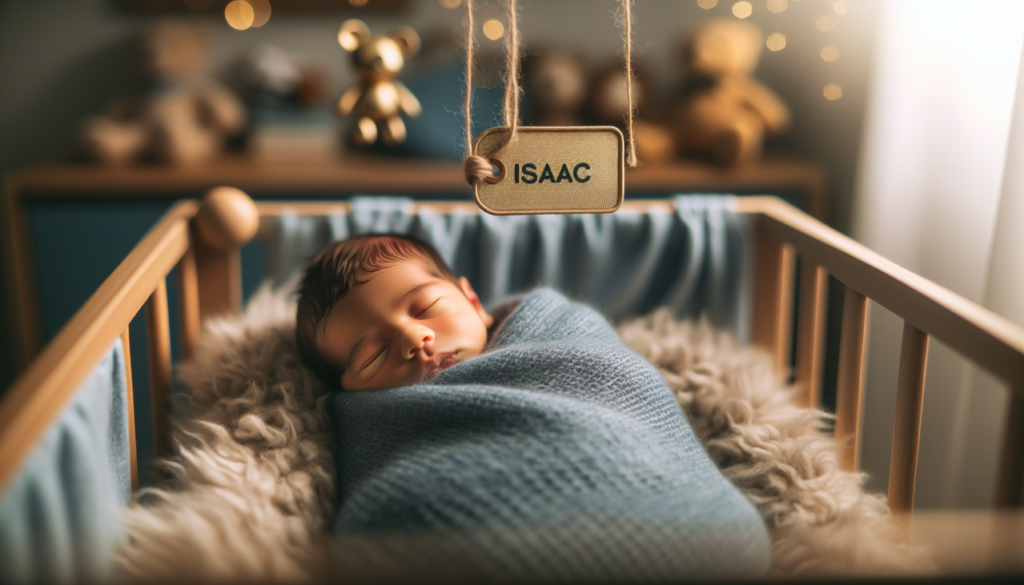 Prénom garçon I : Isaac nouveau-né paisible dans couverture bleue, étiquette dorée, lumière douce.