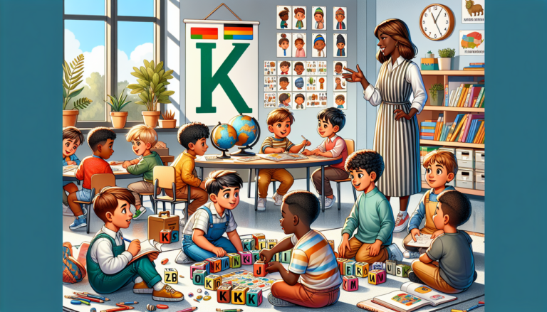 Prénom de garçon en K avec garçons jouant, apprenant et s'amusant en classe.