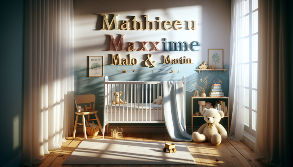 Prénom garçon en M : "Mathieu," "Maxime," "Maurice," "Malo," "Martin" dans une chambre 100% kids-friendly.