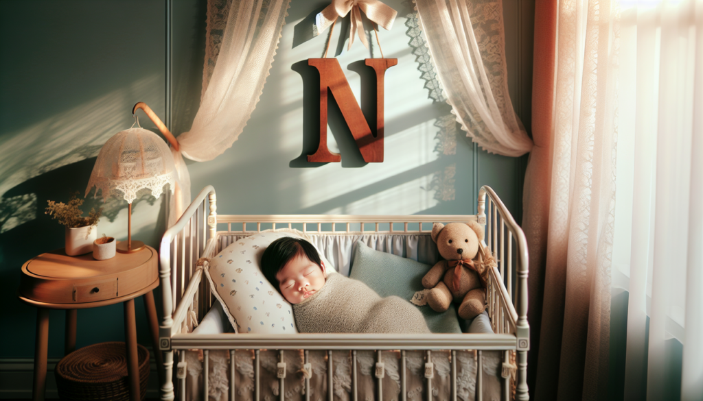 Prénom masculin en N pour bébé endormi dans un berceau vintage, avec lettre N en bois suspendue.