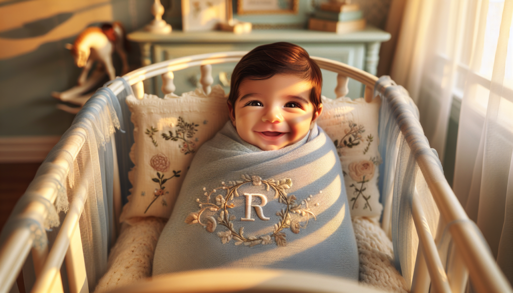 Prénom de garçon en R, portrait de bébé garçon dans un berceau blanc, lumière dorée, lettre R brodée. Temps calme dans la nurserie.