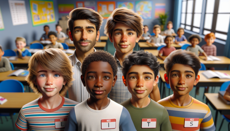 Prénoms de garçon commençant par T en diversité d'âges et d'origines, avec lettrage lisible, en salle de classe colorée.