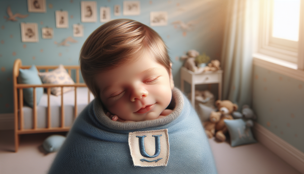 Portrait tendre d'un bébé garçon avec le prénom "U" brodé sur un drap bleu, souriant paisiblement.