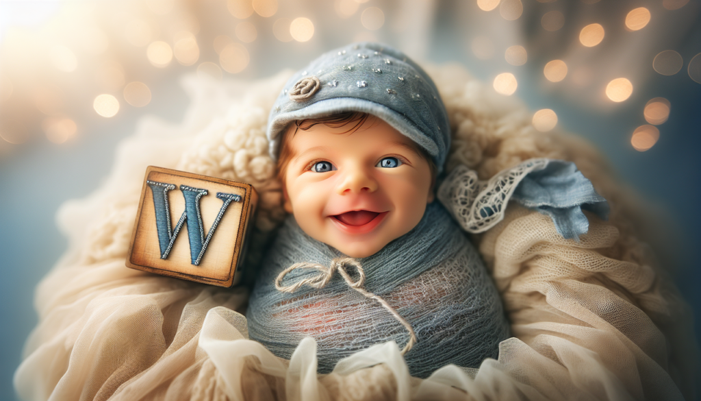Prénom de garçon en W - Portrait d'un nouveau-né souriant, enveloppé de tissus bleus et blancs, avec un bonnet brodé d'un "W".