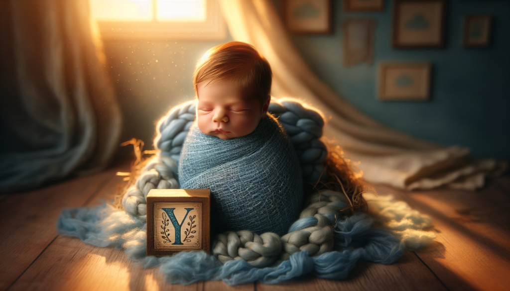 Prénom de garçon en Y - Portrait d'un nouveau-né entouré de tissus bleus, avec un bloc de nom en bois affichant la lettre 'Y' en cursive élégante, dans une chambre de bébé chaleureuse.