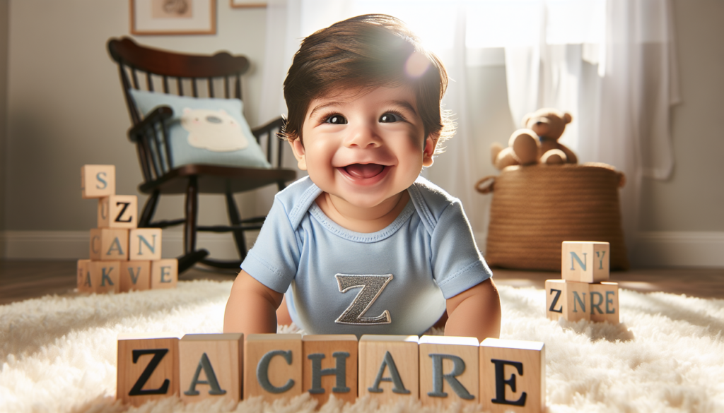 Prénom garçon Z : Bébé joyeux entouré de blocs alphabet, vêtu d'un onesie bleu avec Z brodé.