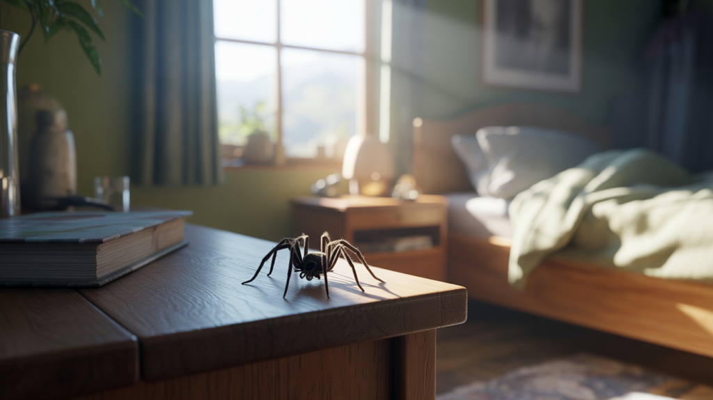 Scène réaliste d’une chambre à l’aube avec une grande araignée noire sur une table de chevet, éclairée par une lumière naturelle, évoquant la symbolique des rêves.