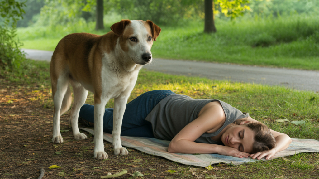 Scène réaliste d’un chien veillant fidèlement sur une personne endormie dans un parc au lever du soleil.