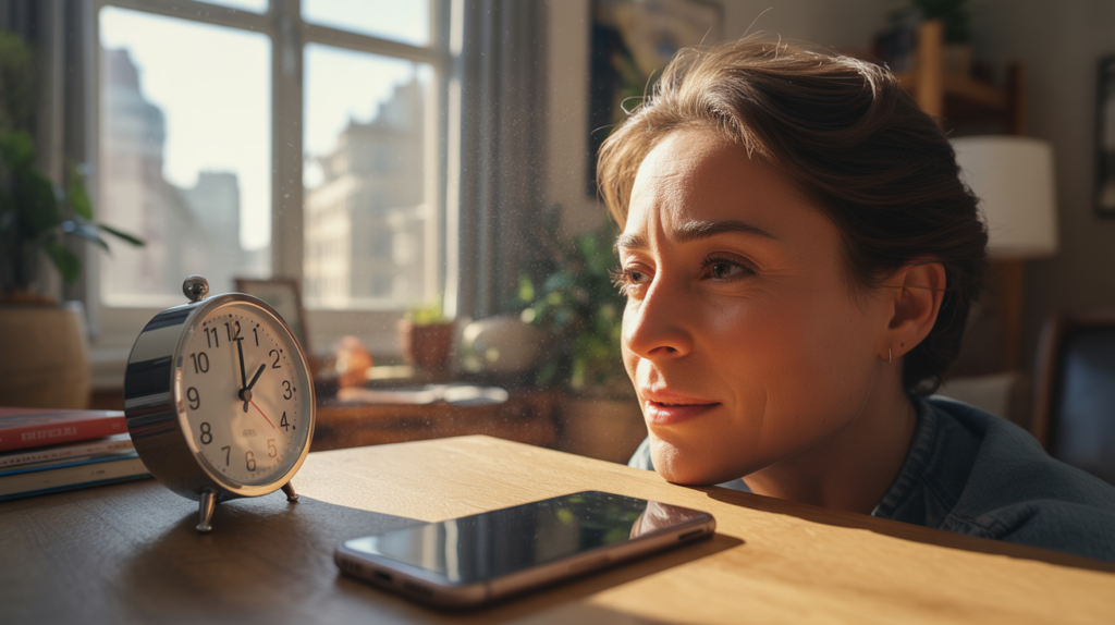 Scène réaliste dans un appartement où une personne remarque simultanément 11h11 sur une horloge et un smartphone, baignée d’une lumière naturelle chaleureuse.