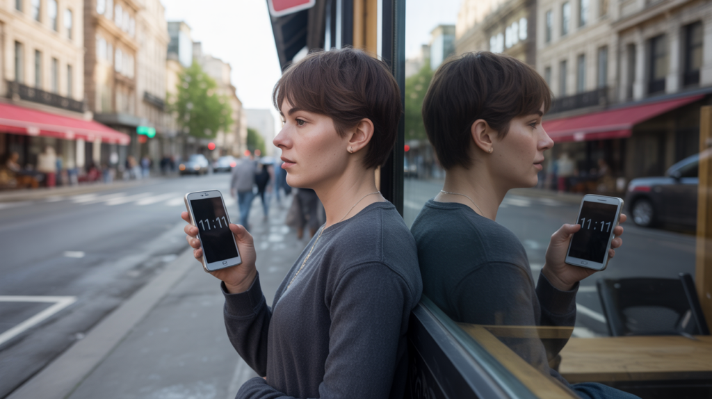 Personne observant l’heure miroir sur son téléphone devant une fenêtre de café, scène urbaine réaliste et naturelle