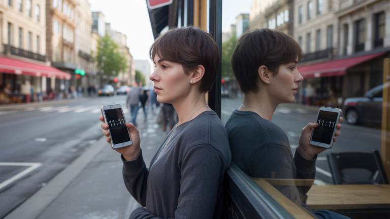 Personne observant l’heure miroir sur son téléphone devant une fenêtre de café, scène urbaine réaliste et naturelle