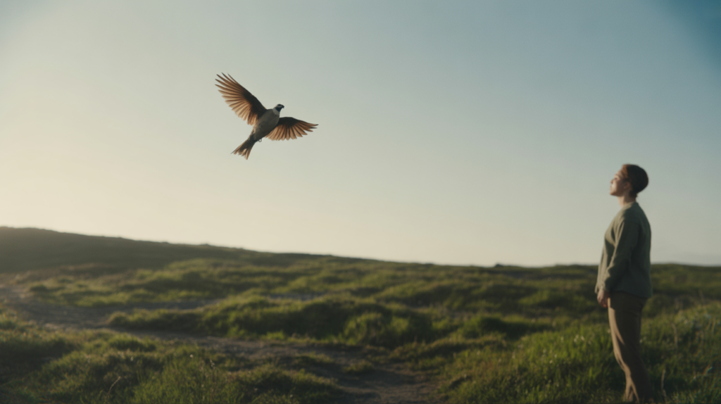 Scène réaliste au lever du soleil montrant un oiseau en plein vol au-dessus d’un paysage naturel, avec une personne observant l’oiseau au loin, symbolisant la liberté et les aspirations.