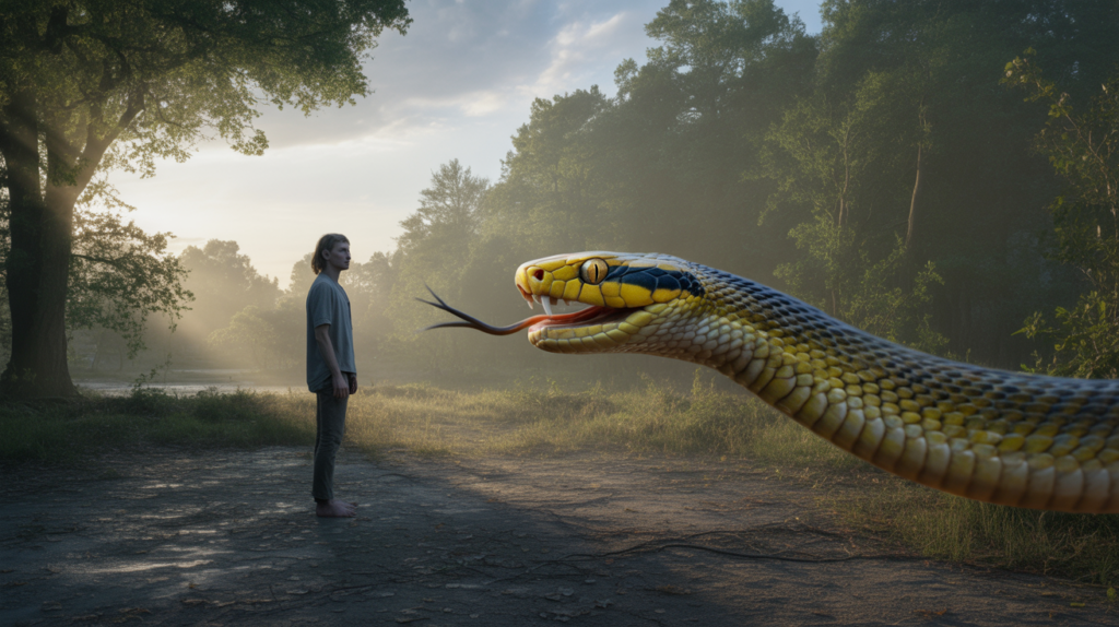 Scène réaliste à l’aube où une personne fait face à un serpent attaquant dans une clairière brumeuse, créant une atmosphère de tension naturelle.