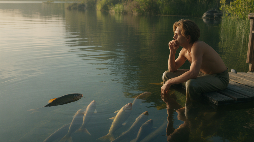 Personne en contemplation au bord d’un lac à l’aube, observant des poissons sous une eau calme dans une scène naturelle et réaliste.