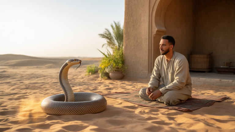 Homme assis au lever du soleil dans un décor désertique réaliste, observant la vision symbolique d’un serpent au sol près d’une cour en pierre de style islamique.