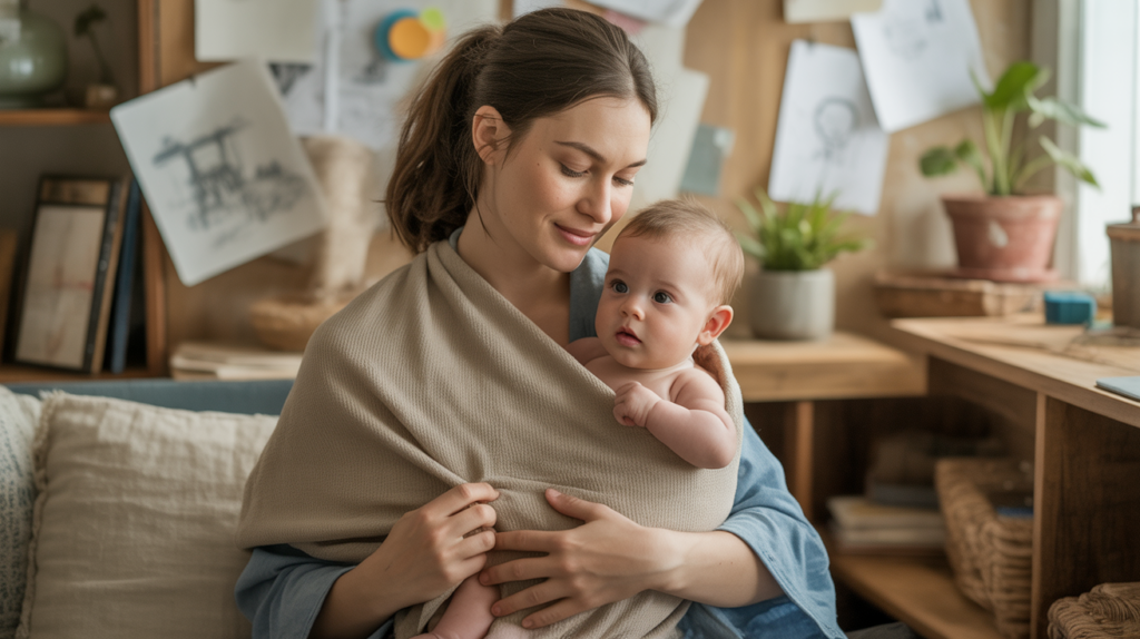Scène réaliste montrant un jeune adulte tenant un bébé dans un intérieur chaleureux évoquant de nouveaux départs et projets.