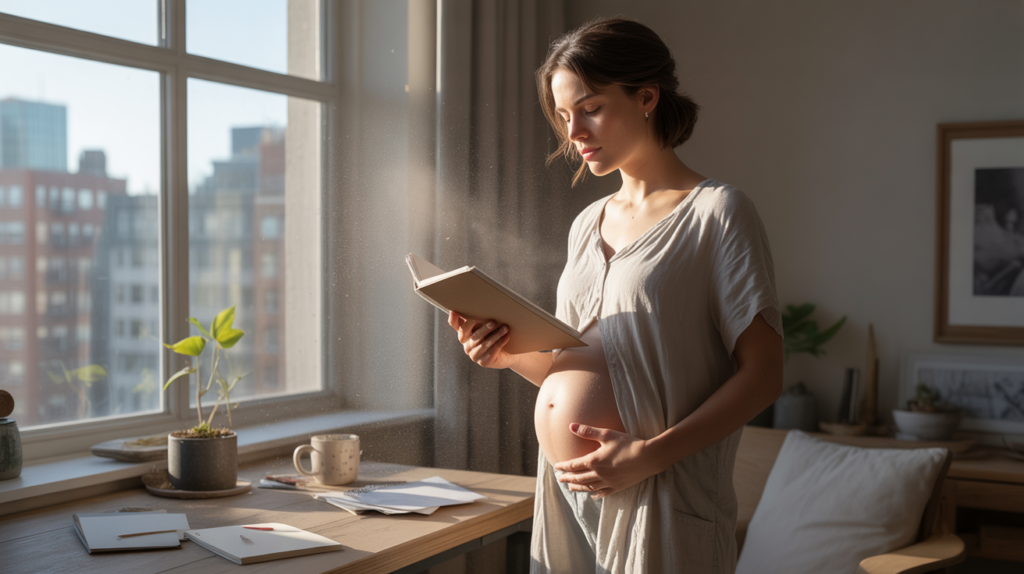 Femme réaliste près d’une fenêtre ensoleillée tenant un carnet contre elle, évoquant la création, la croissance intérieure et de nouveaux projets dans un intérieur naturel.