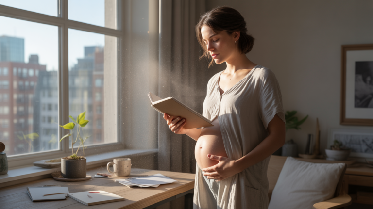 Femme réaliste près d’une fenêtre ensoleillée tenant un carnet contre elle, évoquant la création, la croissance intérieure et de nouveaux projets dans un intérieur naturel.