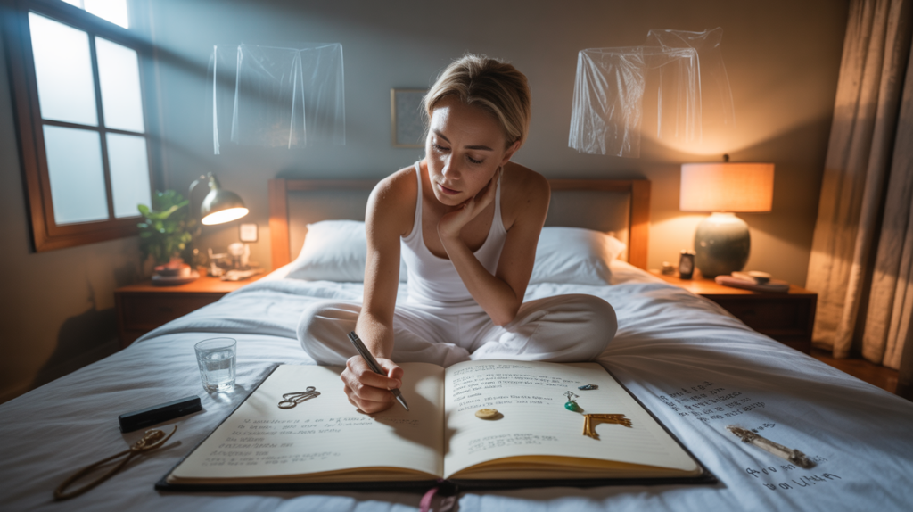 Personne réaliste écrivant son rêve au réveil dans une chambre naturelle au lever du soleil, avec objets symboliques réels évoquant l’interprétation des rêves.