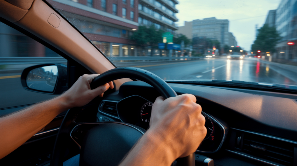 Scene réaliste depuis l’intérieur d’une voiture au crépuscule, montrant le conducteur perdant légèrement le contrôle sur une route mouillée.