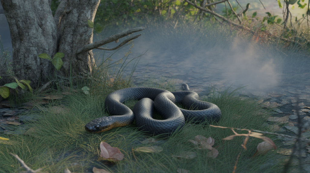 Scène réaliste à l’aube montrant un serpent noir sortant de hautes herbes couvertes de rosée dans une clairière forestière.
