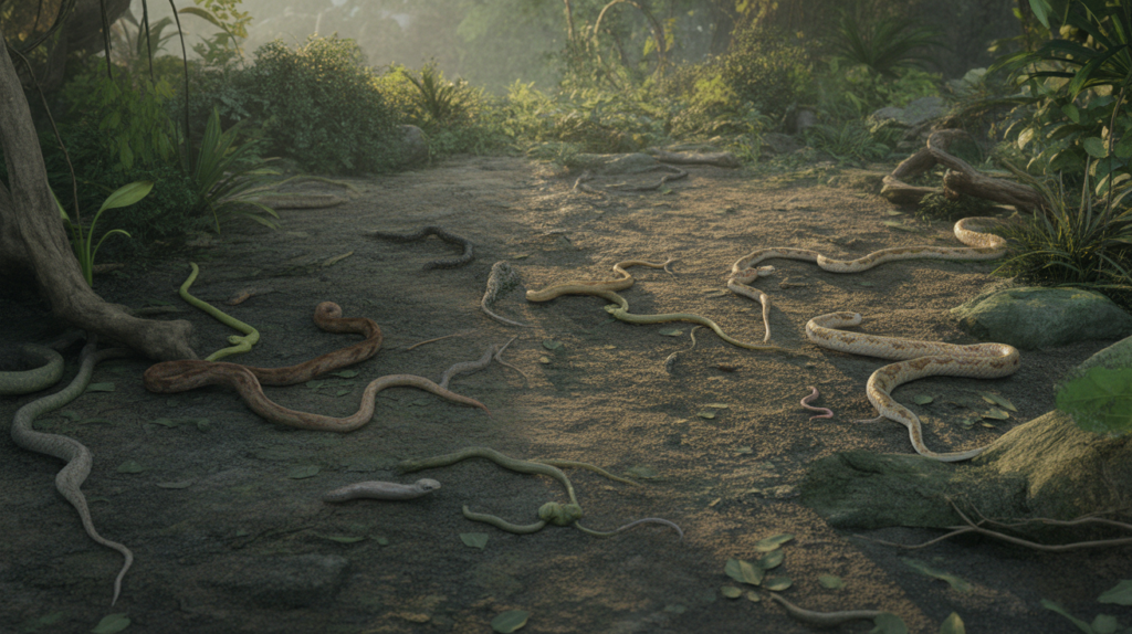 Scène réaliste à l’aube dans une clairière tropicale où plusieurs serpents réels se glissent entre les feuilles et les racines, créant une atmosphère mystérieuse et naturelle.