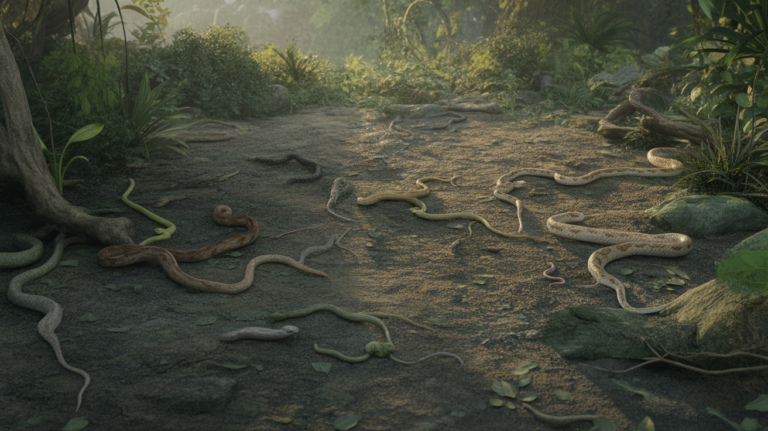 Scène réaliste à l’aube dans une clairière tropicale où plusieurs serpents réels se glissent entre les feuilles et les racines, créant une atmosphère mystérieuse et naturelle.