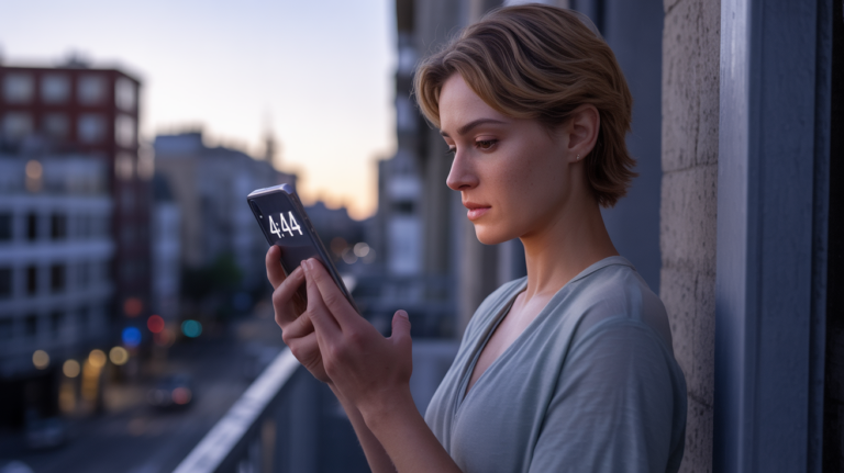 Personne seule sur un balcon au lever du soleil regardant son téléphone affichant 4h44, scène réaliste symbolisant espoir et nouveaux débuts en amour.
