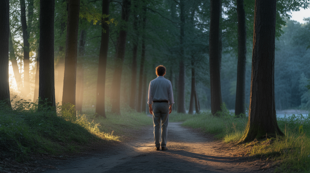 Personne debout à l’aube dans une forêt réaliste, entre ombre et lumière, évoquant une transition apaisée et introspective.
