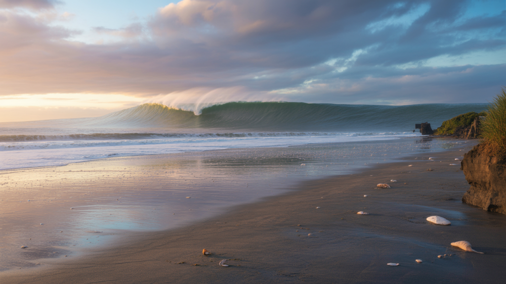 Immense vague de tsunami s'élevant au loin sur une plage réaliste au lever du soleil, créant une ambiance émotionnelle intense et naturelle.