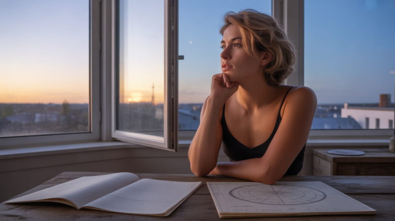 Personne observant un lever de soleil près d’une fenêtre tout en consultant un thème astral, dans une scène réaliste et naturelle.
