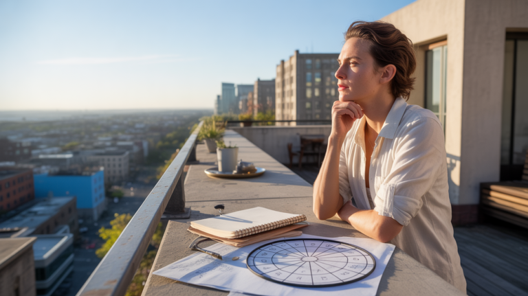Personne réaliste observant une ville depuis une terrasse au lever du soleil avec un thème astral posé à côté, symbolisant la vocation et la direction professionnelle.