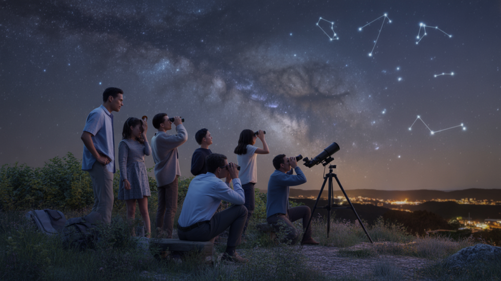 Groupe de personnes observant le ciel étoilé sur une colline, avec les constellations du zodiaque visibles naturellement dans un paysage nocturne réaliste.