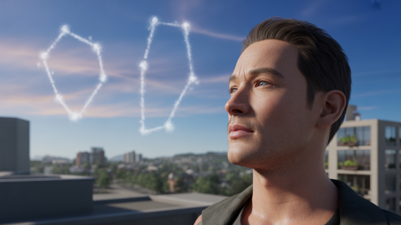 Personne réaliste sur une terrasse au lever du jour observant l’horizon, avec des constellations zodiacales suggérées dans le ciel.