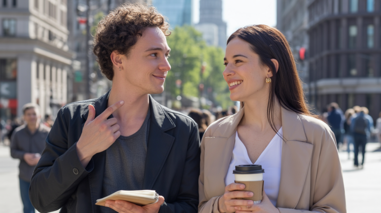 Scène urbaine réaliste montrant deux personnes discutant avec complicité, illustrant l’harmonie intellectuelle entre Verseau et Balance.