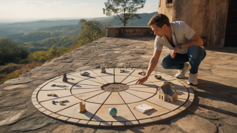 Personne étudiant un grand cercle zodiacal en mosaïque au lever du soleil sur une terrasse en pierre avec un paysage naturel en arrière-plan.