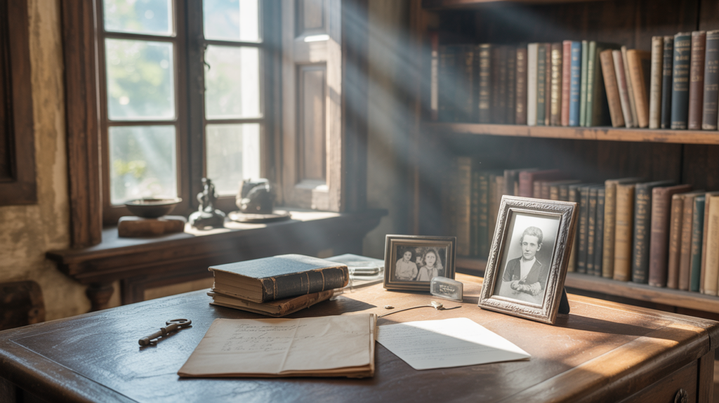 Scène réaliste dans une ancienne maison patrimoniale où la lumière naturelle éclaire un bureau avec des objets évoquant l’héritage et les mystères familiaux.