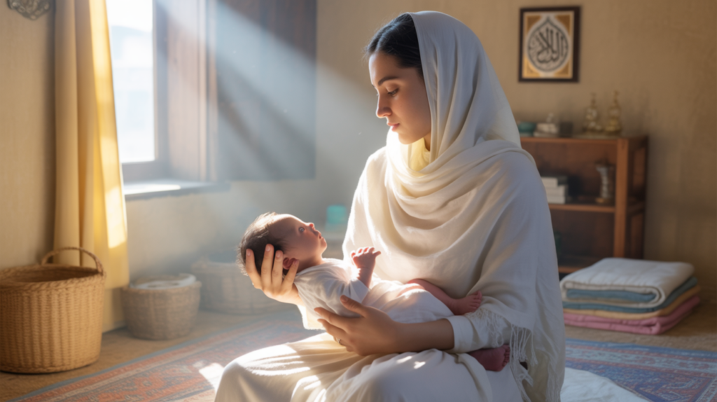 Jeune mère musulmane tenant son bébé dans une maison authentique éclairée par la lumière du matin, scène réaliste et apaisante inspirant bénédiction et sérénité.