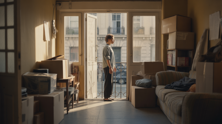 Scène réaliste d’un appartement au petit matin avec une personne contemplant une porte ouverte et des cartons de déménagement.