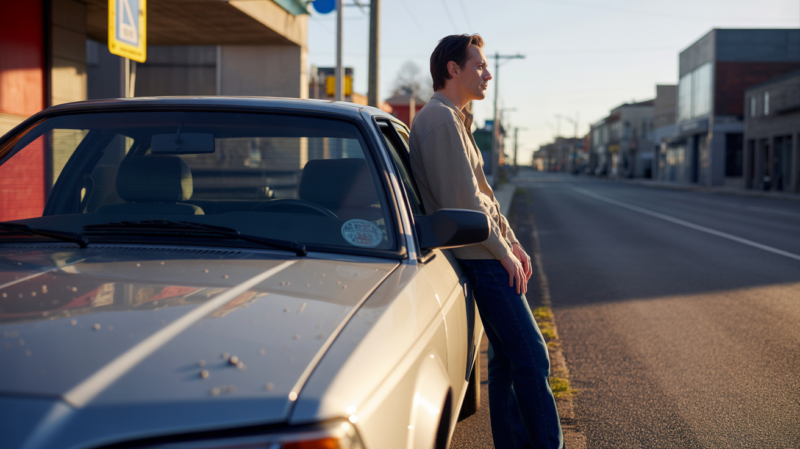 Personne contemplant l’horizon au lever du soleil à côté d’une voiture réaliste sur une route authentique, symbolisant la réflexion et le contrôle de sa vie.