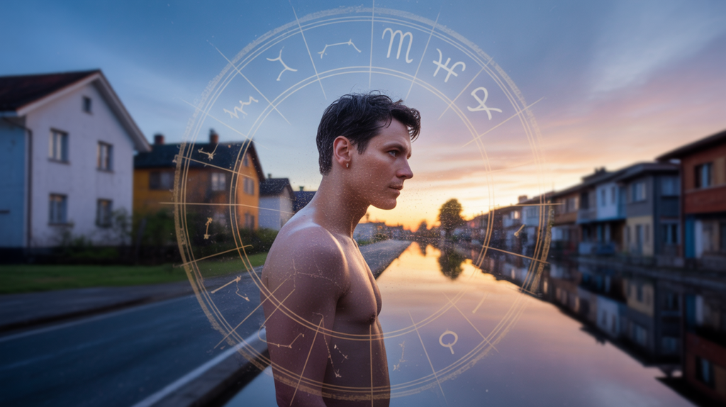 Personne réaliste observant son reflet au lever du soleil, avec un environnement urbain authentique et une subtile symbolique astrologique dans le ciel.