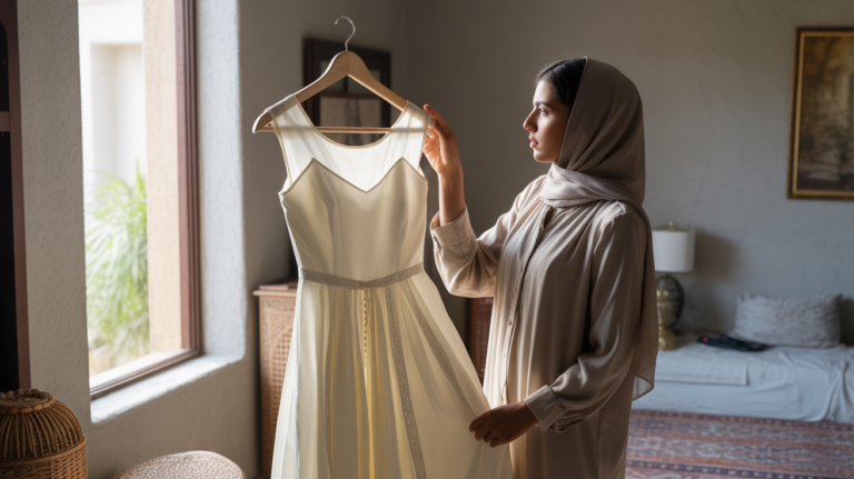 Femme musulmane contemplant une robe de mariage dans une maison réelle, scène lumineuse et naturelle évoquant réflexion et spiritualité.