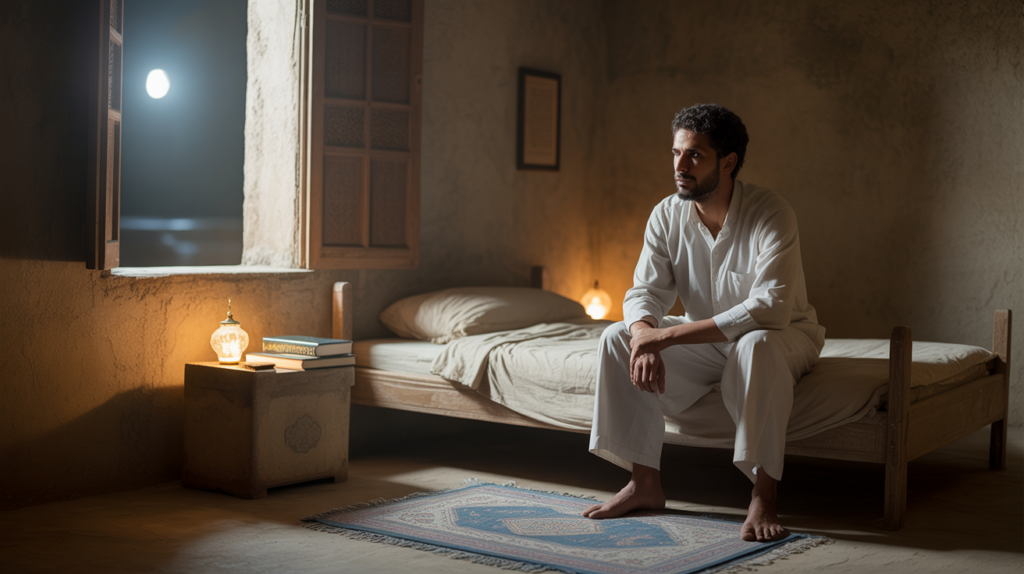 Scène nocturne réaliste montrant un homme méditant calmement dans une chambre du Moyen-Orient éclairée par la lune, avec des éléments islamiques subtils et naturels.