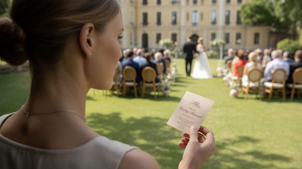Une personne observe à distance un mariage réel au coucher du soleil, tenant une invitation et réfléchissant à l’engagement et aux décisions de vie.