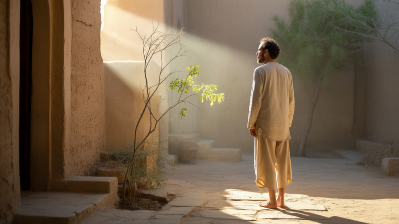 Homme en tenue traditionnelle contemplant le lever du soleil dans une cour en pierre, évoquant un renouveau spirituel et une transition symbolique.