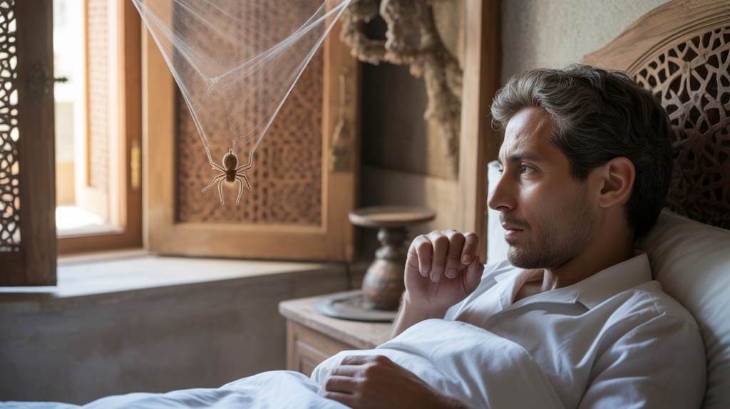 Scène réaliste d’une chambre de style moyen-oriental où une personne observe calmement une araignée près d’une fenêtre au lever du soleil.